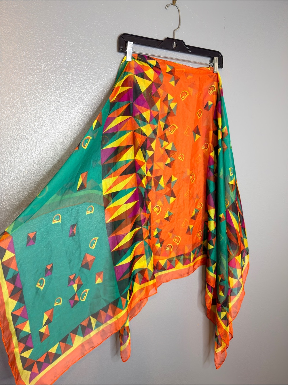 Vibrant Silk Blend Geo Women’s Swim Cover-Up Sarong or Scarf- Orange & Teal